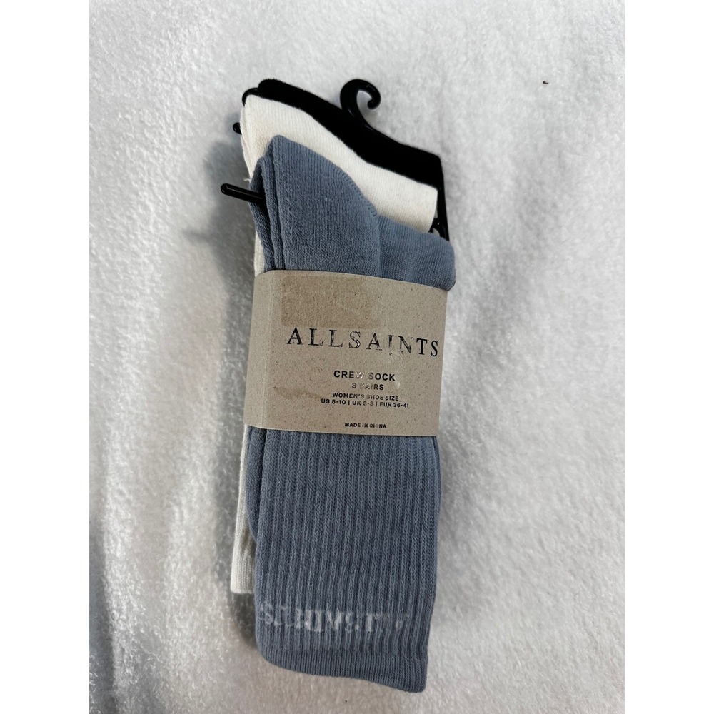 AllSaints Crew Sock 3 Pairs Womens Blue White Black Logo Ribbed Knit 5-10 NEW